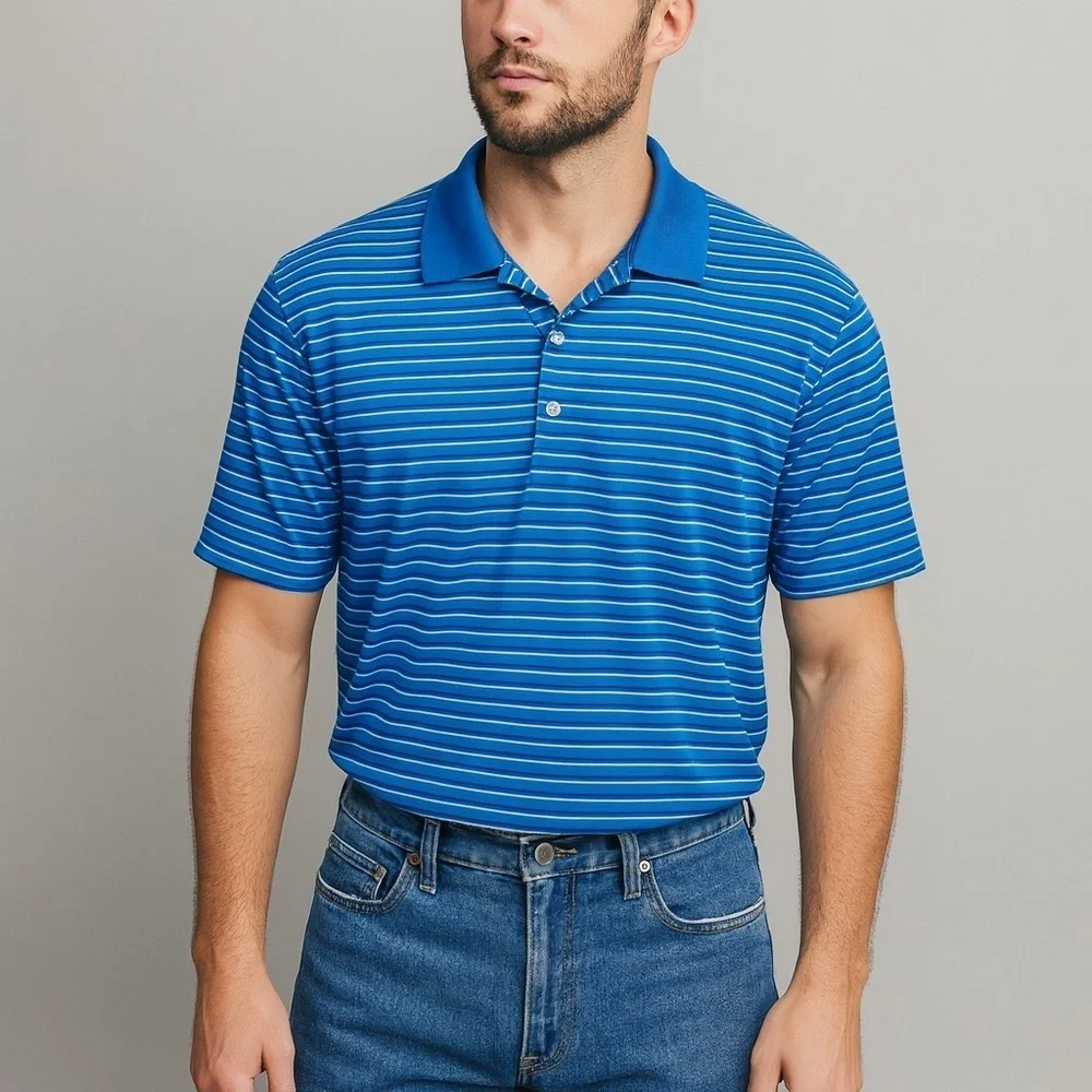 Adidas Men’s Polo Shirt Blue Striped Short Sleeve Size 2XL